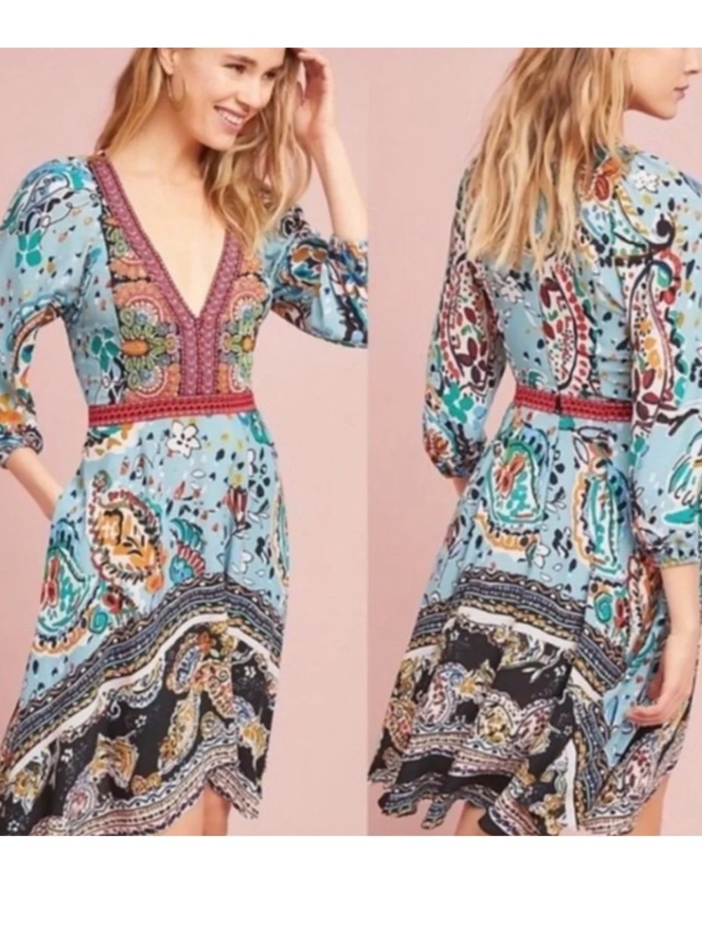 Akemi + Kin Karmina Anthropologie Size 2 Beaded Embroidered Boho Print Dress